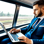 A professional male executive, dressed in a sharp, modest business suit, fully clothed, engaged in focused work on a sleek laptop inside a modern, luxurious high-speed train cabin. Large panoramic windows show a blurred, rapidly moving urban landscape outside, emphasizing speed and efficiency. The interior is clean and minimalist, designed for comfort and productivity. The lighting is bright and natural, reflecting off the polished surfaces.
    perfect anatomy, correct proportions, natural pose, well-formed hands, proper finger count, natural body proportions, professional photography, high-quality, realistic, safe for work, appropriate content, family-friendly.