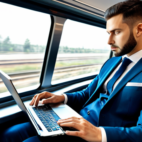 A professional male executive, dressed in a sharp, modest business suit, fully clothed, engaged in focused work on a sleek laptop inside a modern, luxurious high-speed train cabin. Large panoramic windows show a blurred, rapidly moving urban landscape outside, emphasizing speed and efficiency. The interior is clean and minimalist, designed for comfort and productivity. The lighting is bright and natural, reflecting off the polished surfaces.
    perfect anatomy, correct proportions, natural pose, well-formed hands, proper finger count, natural body proportions, professional photography, high-quality, realistic, safe for work, appropriate content, family-friendly.