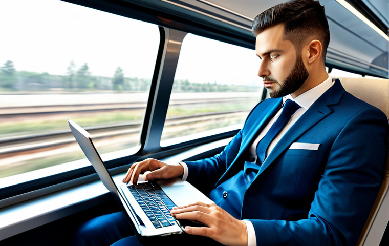 A professional male executive, dressed in a sharp, modest business suit, fully clothed, engaged in focused work on a sleek laptop inside a modern, luxurious high-speed train cabin. Large panoramic windows show a blurred, rapidly moving urban landscape outside, emphasizing speed and efficiency. The interior is clean and minimalist, designed for comfort and productivity. The lighting is bright and natural, reflecting off the polished surfaces.
    perfect anatomy, correct proportions, natural pose, well-formed hands, proper finger count, natural body proportions, professional photography, high-quality, realistic, safe for work, appropriate content, family-friendly.