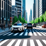 **

"A futuristic city street with self-driving cars smoothly navigating traffic, AI-powered traffic lights optimizing flow, pedestrians safely crossing at designated areas, professional cityscape, sunny day, fully clothed individuals, safe for work, appropriate content, perfect anatomy, natural proportions, professional, modest, family-friendly."

**