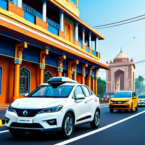 Futuristic Indian Road**

"A vibrant scene of a futuristic Indian city street, featuring a self-driving car navigating amidst colorful traffic. The car is sleek and modern, with sensors visible. The background includes traditional Indian architecture blended with futuristic elements like solar panels and digital displays. People are walking on the sidewalks, dressed in modest, contemporary Indian clothing. Safe for work, appropriate content, fully clothed, professional, perfect anatomy, correct proportions, natural pose, high quality."

**