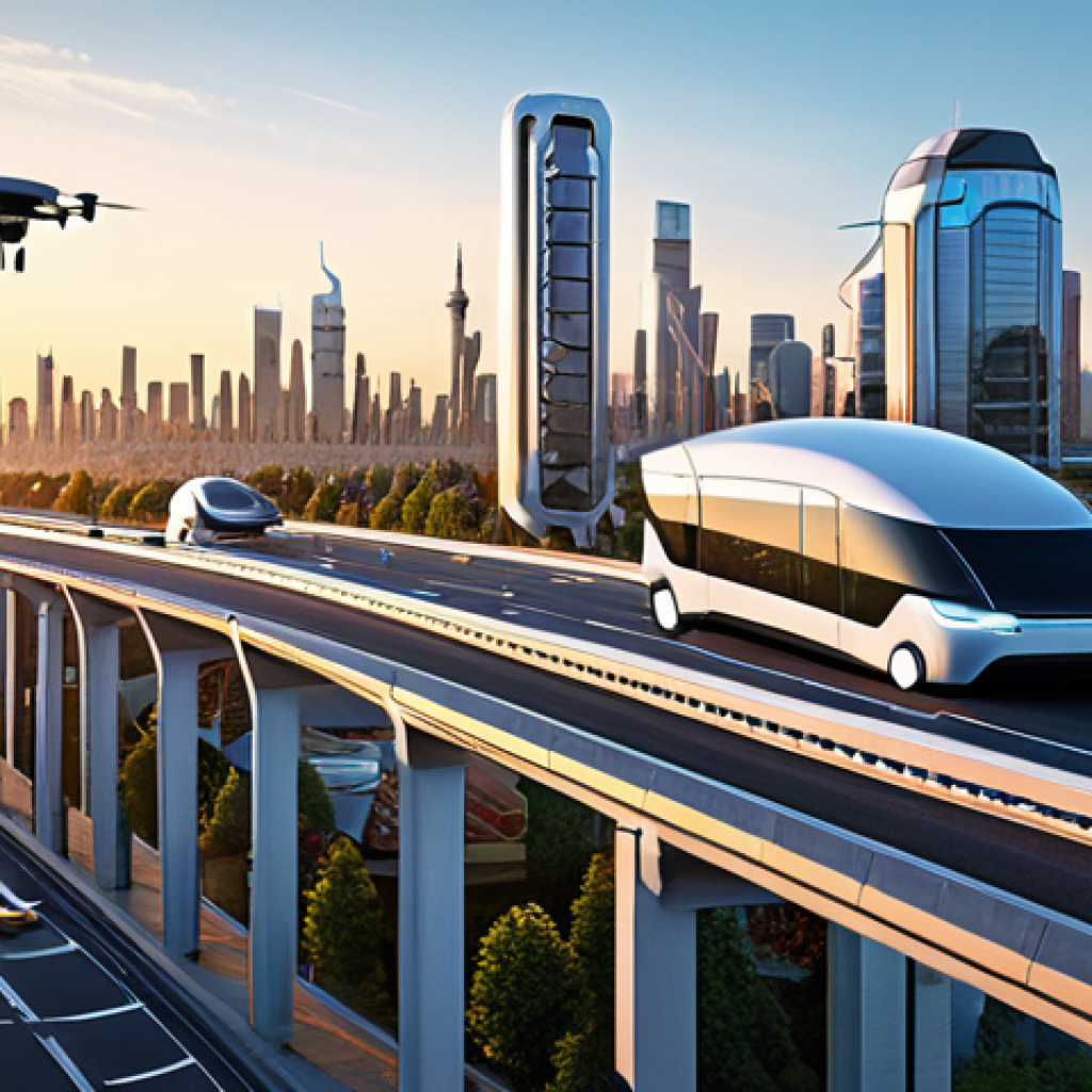 미래 운송과 도시 계획 - "Futuristic cityscape at sunrise, automated electric vehicles on elevated roadways, drones deliverin...