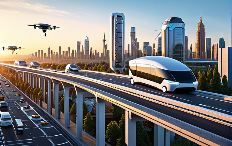 미래 운송과 도시 계획 - "Futuristic cityscape at sunrise, automated electric vehicles on elevated roadways, drones deliverin...