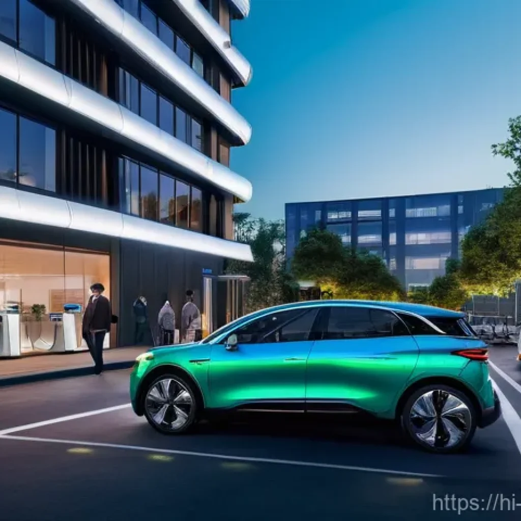 자율주행차 충전소 - **Prompt:** A futuristic, bright cityscape at dusk, bustling with sleek, autonomous electric vehicle...