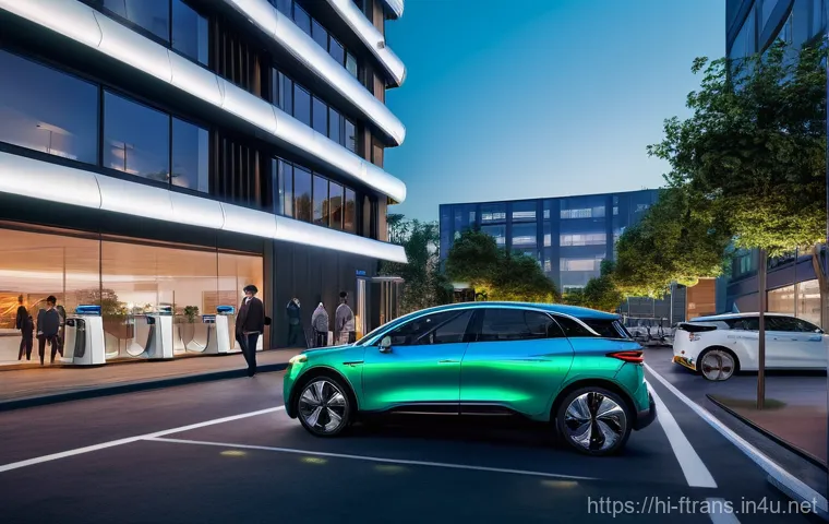 자율주행차 충전소 - **Prompt:** A futuristic, bright cityscape at dusk, bustling with sleek, autonomous electric vehicle...