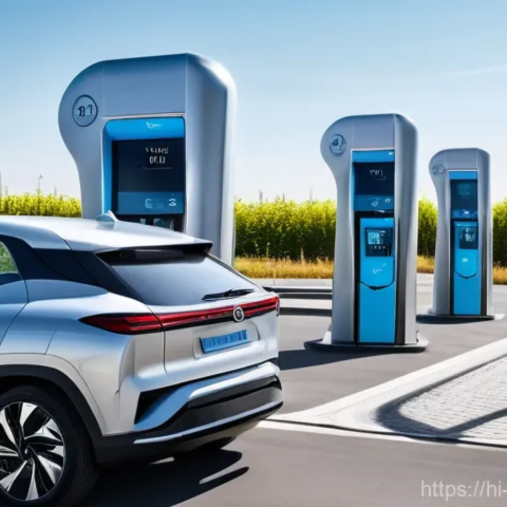 수소차 충전소 - **Prompt:** A sleek, modern hydrogen refueling station in an urban setting. The station features a c...