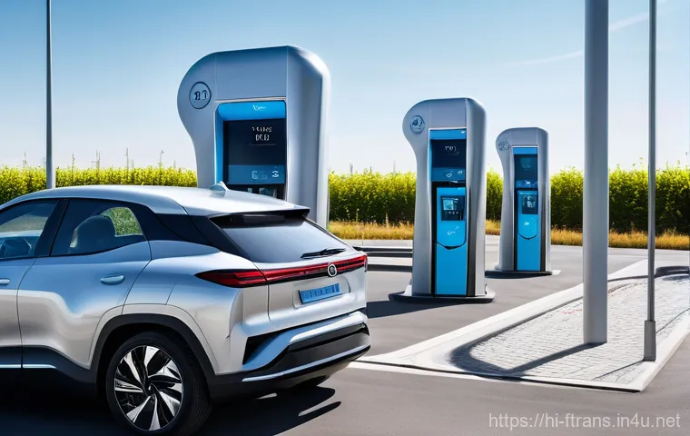 수소차 충전소 - **Prompt:** A sleek, modern hydrogen refueling station in an urban setting. The station features a c...