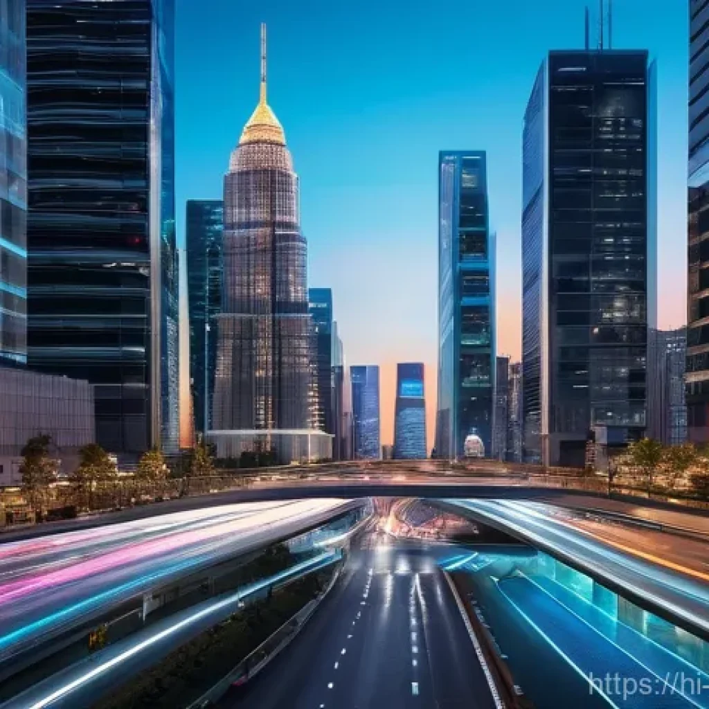 스마트 교차로 - **Vibrant Futuristic Smart Intersection at Dusk**: An aerial shot of a dynamic, futuristic smart int...