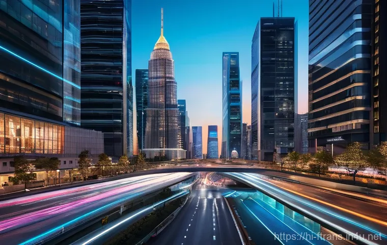 스마트 교차로 - **Vibrant Futuristic Smart Intersection at Dusk**: An aerial shot of a dynamic, futuristic smart int...