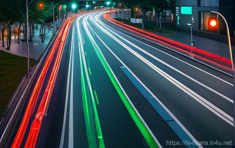 스마트 교차로 - **Vibrant Futuristic Smart Intersection at Dusk**: An aerial shot of a dynamic, futuristic smart int...