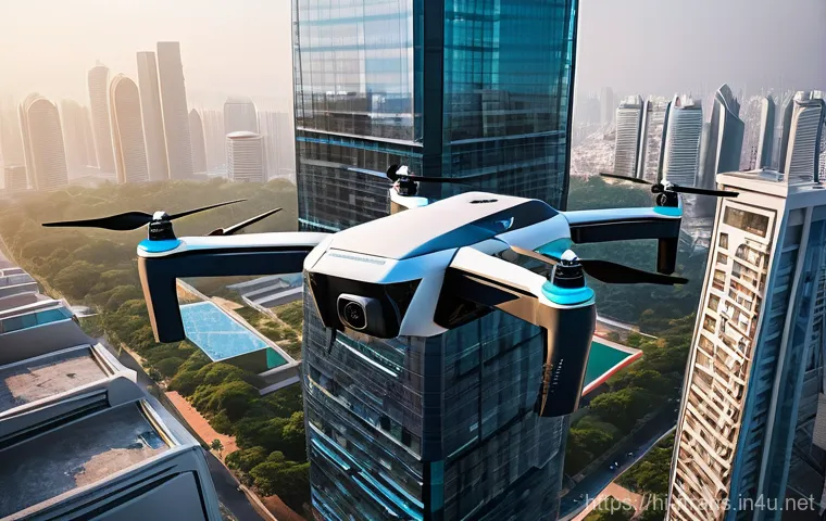 물류 드론 - **Prompt:** A robust logistics drone, carrying a medical supply box, flying over a picturesque, remo...