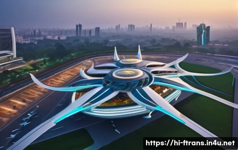 플라잉 택시 비용 - An optimistic and futuristic aerial view of a bustling Indian metropolis, possibly Delhi or Bengalur...