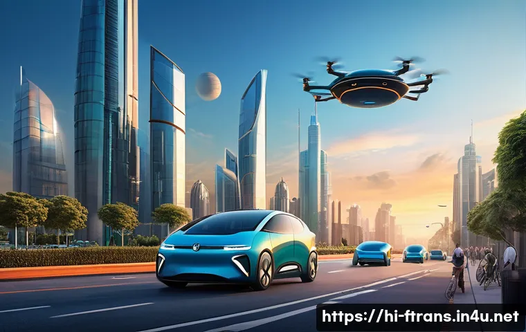 플라잉 택시 - A futuristic urban scene at dusk featuring multiple sleek flying taxis soaring above a bustling Indi...
