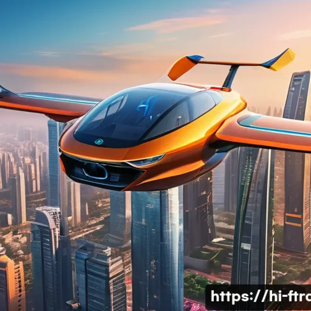 하늘을 나는 자동차 상용화 - A futuristic flying car soaring above a bustling Indian cityscape at sunset, featuring sleek VTOL de...