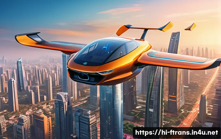하늘을 나는 자동차 상용화 - A futuristic flying car soaring above a bustling Indian cityscape at sunset, featuring sleek VTOL de...