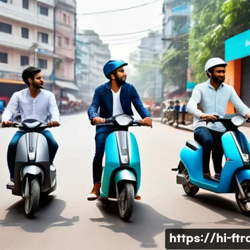 공유 경제와 미래 운송 - A vibrant urban street scene in an Indian city showcasing a diverse group of young professionals usi...