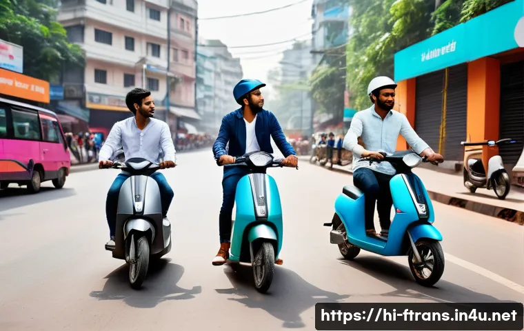 공유 경제와 미래 운송 - A vibrant urban street scene in an Indian city showcasing a diverse group of young professionals usi...