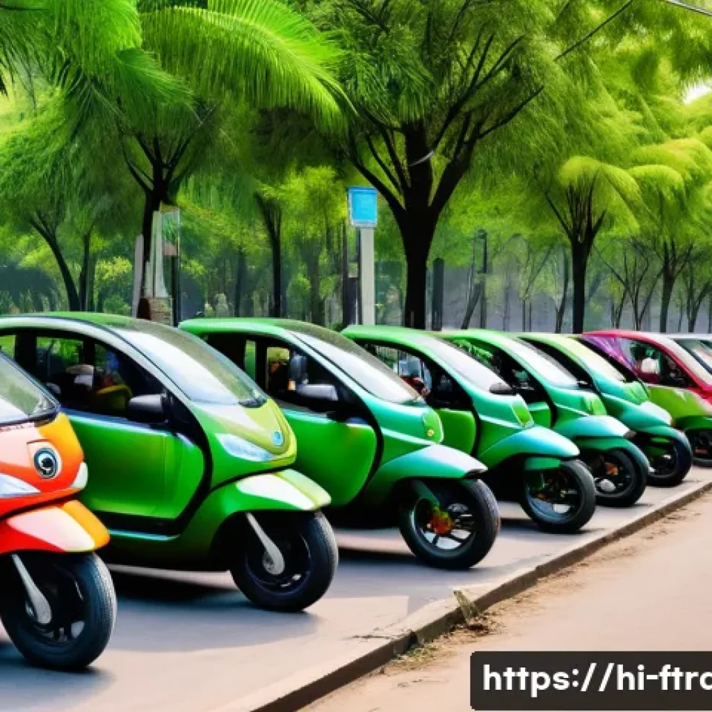 지속 가능한 운송 - A vibrant urban scene in an Indian city featuring a variety of electric vehicles including electric ...