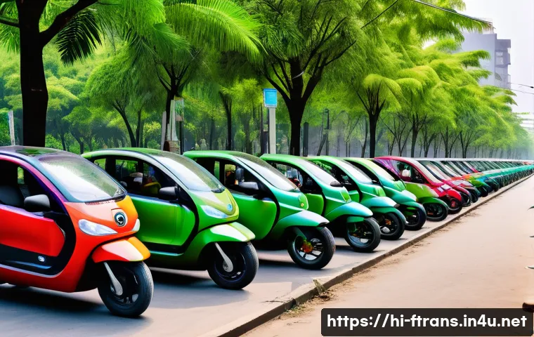 지속 가능한 운송 - A vibrant urban scene in an Indian city featuring a variety of electric vehicles including electric ...