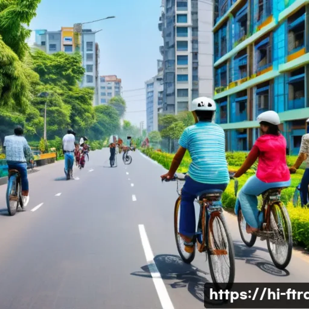 친환경 운송 - A vibrant urban street scene in an Indian city featuring diverse people commuting with bicycles on d...