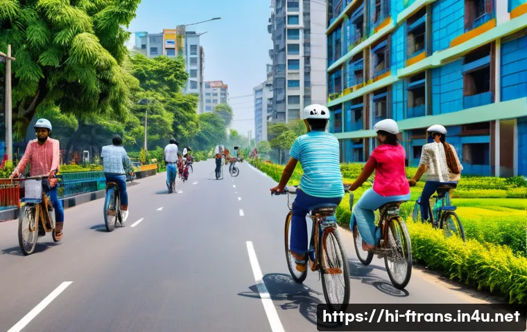 친환경 운송 - A vibrant urban street scene in an Indian city featuring diverse people commuting with bicycles on d...