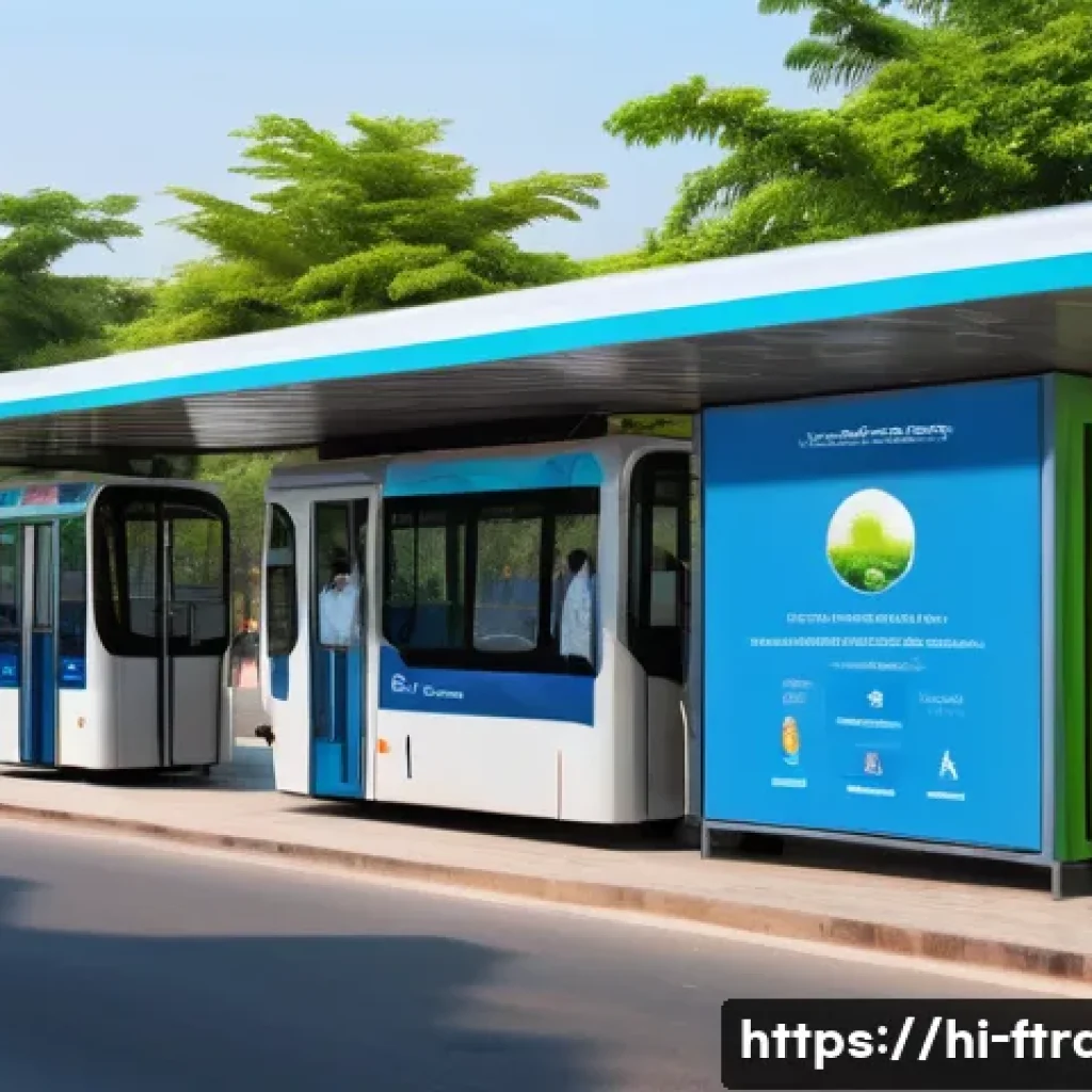 스마트 버스 정류장 - A modern smart bus stop in an urban Indian setting during daytime, featuring a large digital display...