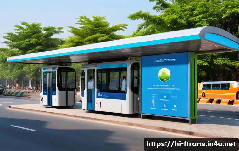 스마트 버스 정류장 - A modern smart bus stop in an urban Indian setting during daytime, featuring a large digital display...