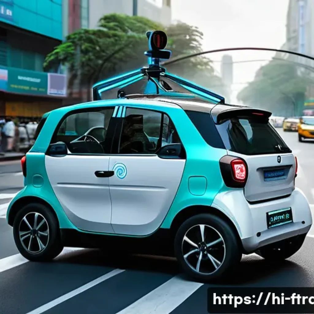 자율주행차 기술 - A futuristic smart car equipped with multiple sensors including lidar, radar, ultrasonic devices, an...