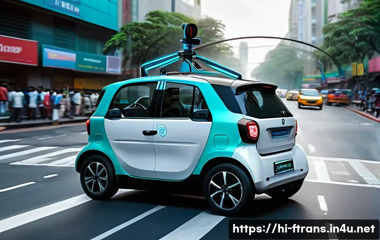 자율주행차 기술 - A futuristic smart car equipped with multiple sensors including lidar, radar, ultrasonic devices, an...