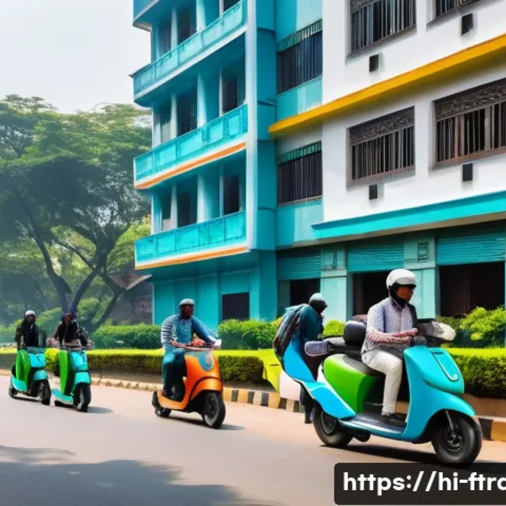 공유 스쿠터 - A busy urban street scene in an Indian city during daytime, featuring diverse people using shared el...