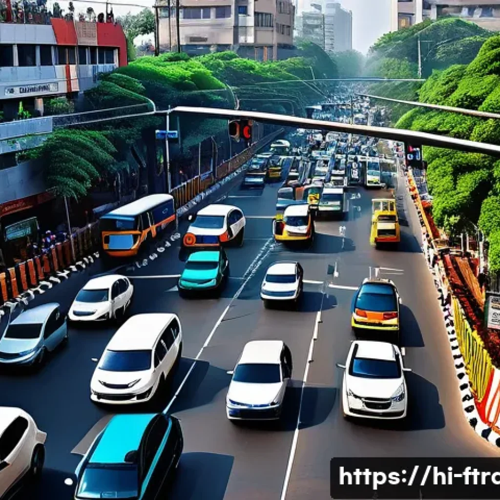 AI 스마트 교통 시스템 - A vibrant, detailed urban intersection in Delhi featuring smart traffic control technology: intellig...