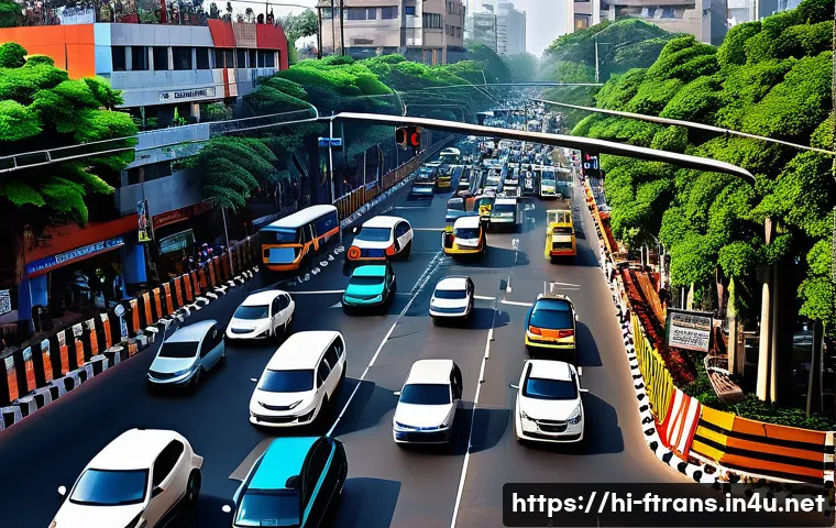 AI 스마트 교통 시스템 - A vibrant, detailed urban intersection in Delhi featuring smart traffic control technology: intellig...