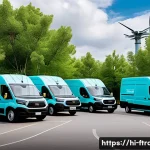 Home 22 지속 가능한 물류 시스템 - A modern electric logistics fleet featuring various electric trucks and vans parked in a clean, gree...