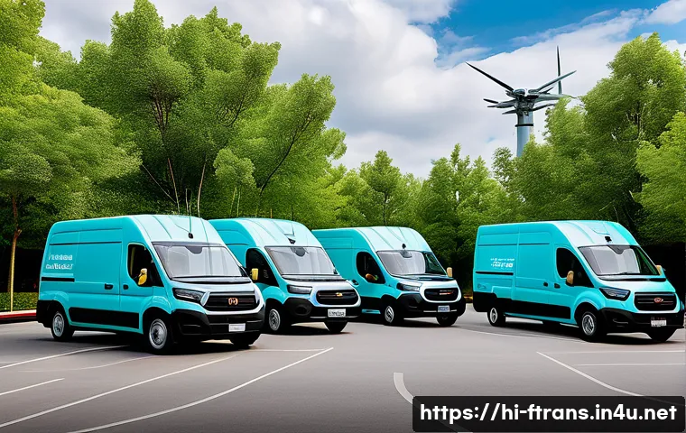 지속 가능한 물류 시스템 - A modern electric logistics fleet featuring various electric trucks and vans parked in a clean, gree...
