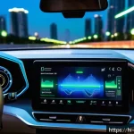Home 21 배터리 가격 혁신 - A futuristic solid-state battery inside a sleek electric vehicle dashboard, glowing softly with blue...