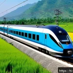 Home 20 고속철도 교통망 - A high-speed train zooming through the scenic Indian countryside during daytime, showcasing sleek, m...