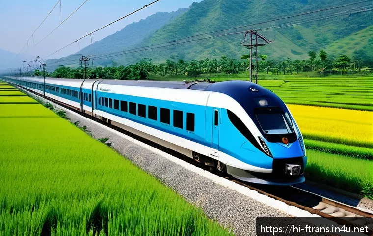 고속철도 교통망 - A high-speed train zooming through the scenic Indian countryside during daytime, showcasing sleek, m...