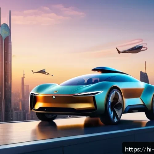 Home 17 하늘을 나는 자동차 시장 전망 - A futuristic flying car prototype hovering over a modern Indian cityscape at sunset, featuring sleek...