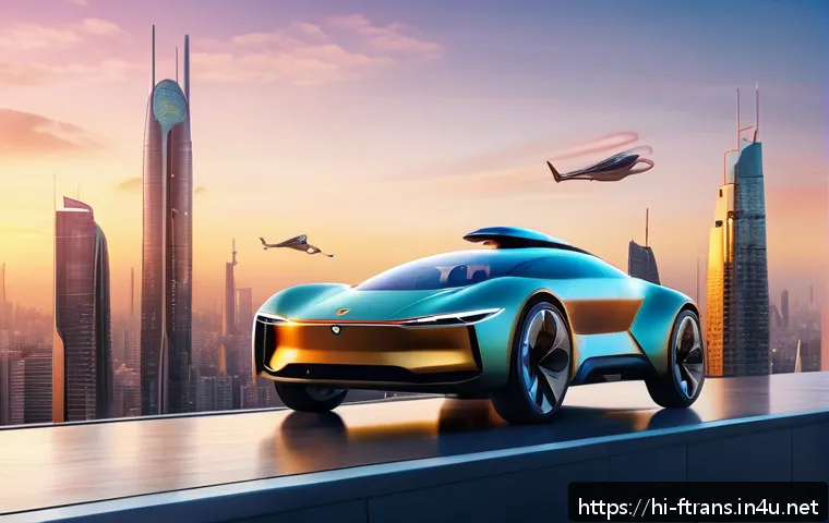 하늘을 나는 자동차 시장 전망 - A futuristic flying car prototype hovering over a modern Indian cityscape at sunset, featuring sleek...