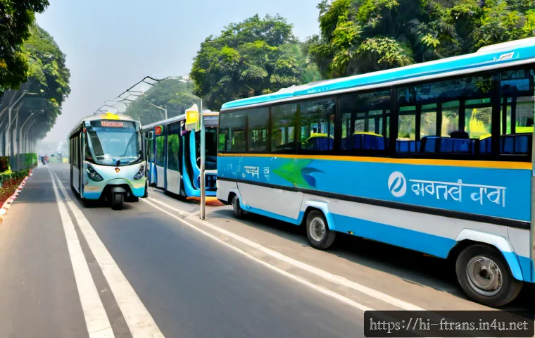 Home 17 미래 운송의 환경적 영향 - Photorealistic wide-angle scene of an electric city bus and several electric scooters traveling alon...