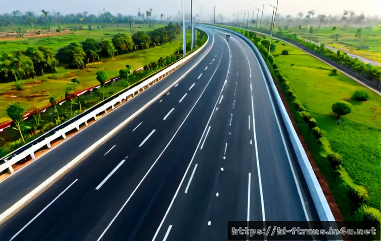 도로 인프라 혁신 - Photorealistic aerial view of a modern smart highway in India, smooth multi-lane roadway with solar-...