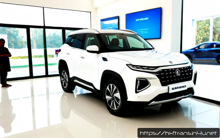 Home 17 수소차 가격 - Photorealistic wide shot of a modern hydrogen fuel-cell SUV displayed in a bright Indian automotive ...